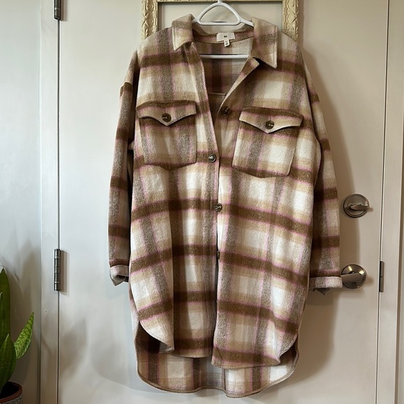 BP | Nordstrom Pink and Tan Plaid Shacket Wool Blend - Picture 1 of 9